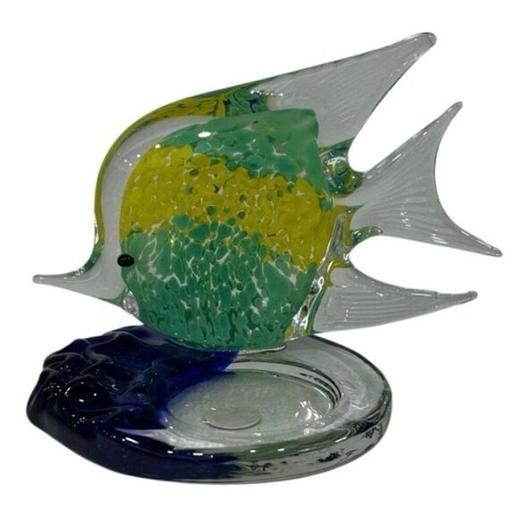 Partylite Tealight Candle Holder Figurine 4" Green Blue Tropical Fish Art Glass - Picture 1 of 7